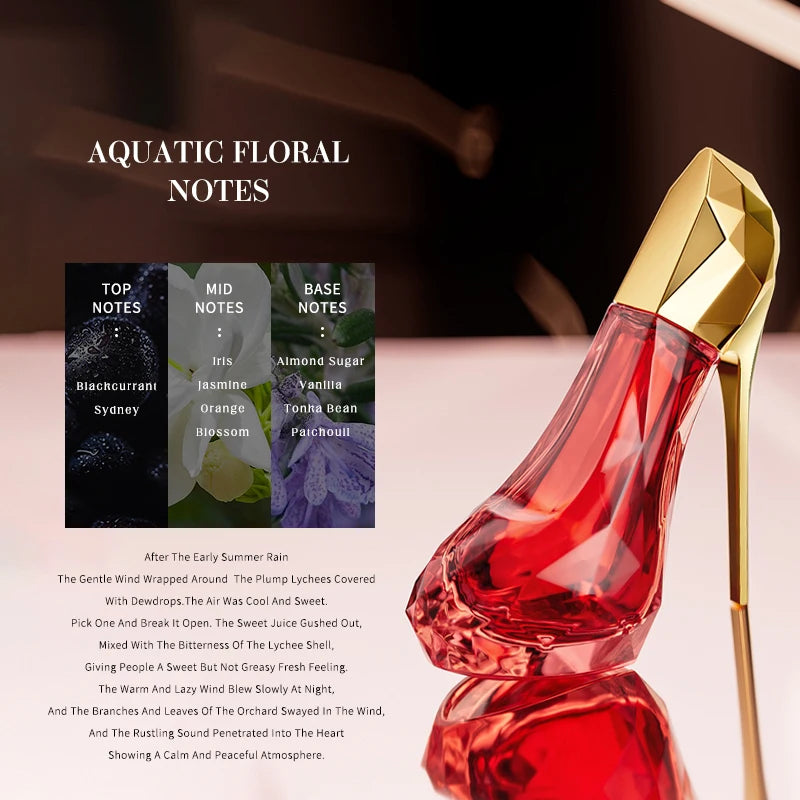 Red high-heel 30ml women's EDP perfume. Aquatic floral scent with blackcurrant, jasmine, vanilla, and patchouli notes.