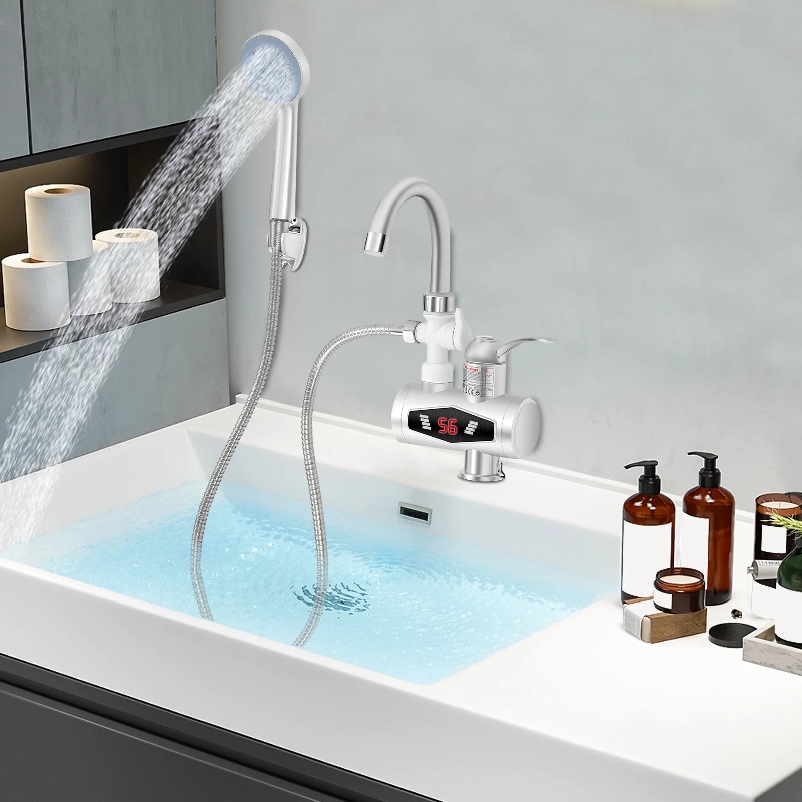 3000W Electric Hot Water Faucet, 360° Rotatable Instant Water Heater with LCD Display, Tankless Electric Tap with 3-Mode Heating for Kitchen, Bathroom, RV (IPX4 Waterproof)