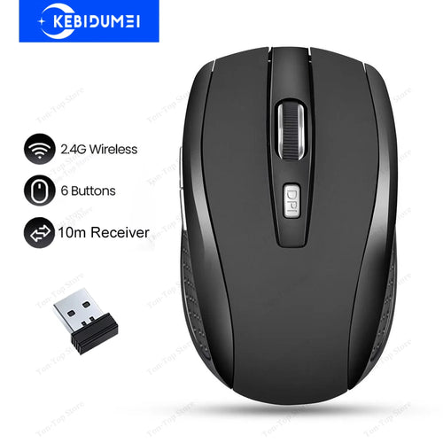 Black ergonomic wireless 6-button mouse with scroll wheel, DPI button, and USB receiver. Kebidumei brand.