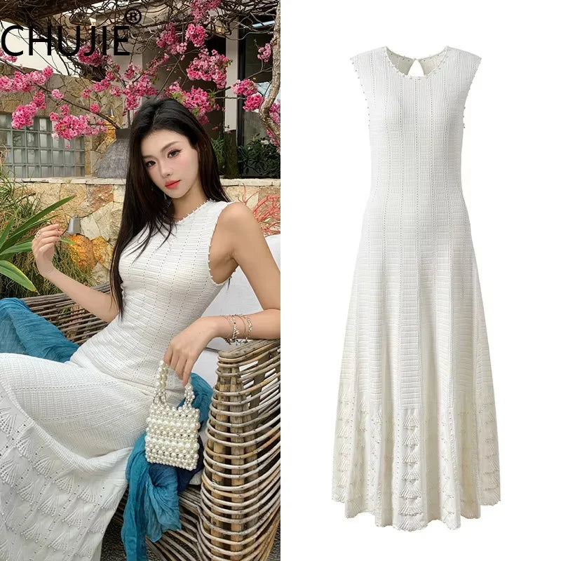 CHUJIE 2025 Summer 3-Piece French Style Set - Knit Maxi Dress + Sleeveless Top + Cover-Up, Pearl & Hollow Out, Viscose+Nylon