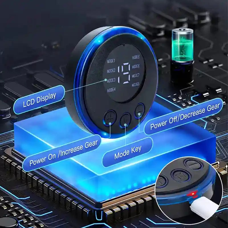 Round black electronic controller with a blue-lit LCD screen, three buttons, and a USB-C charging port.