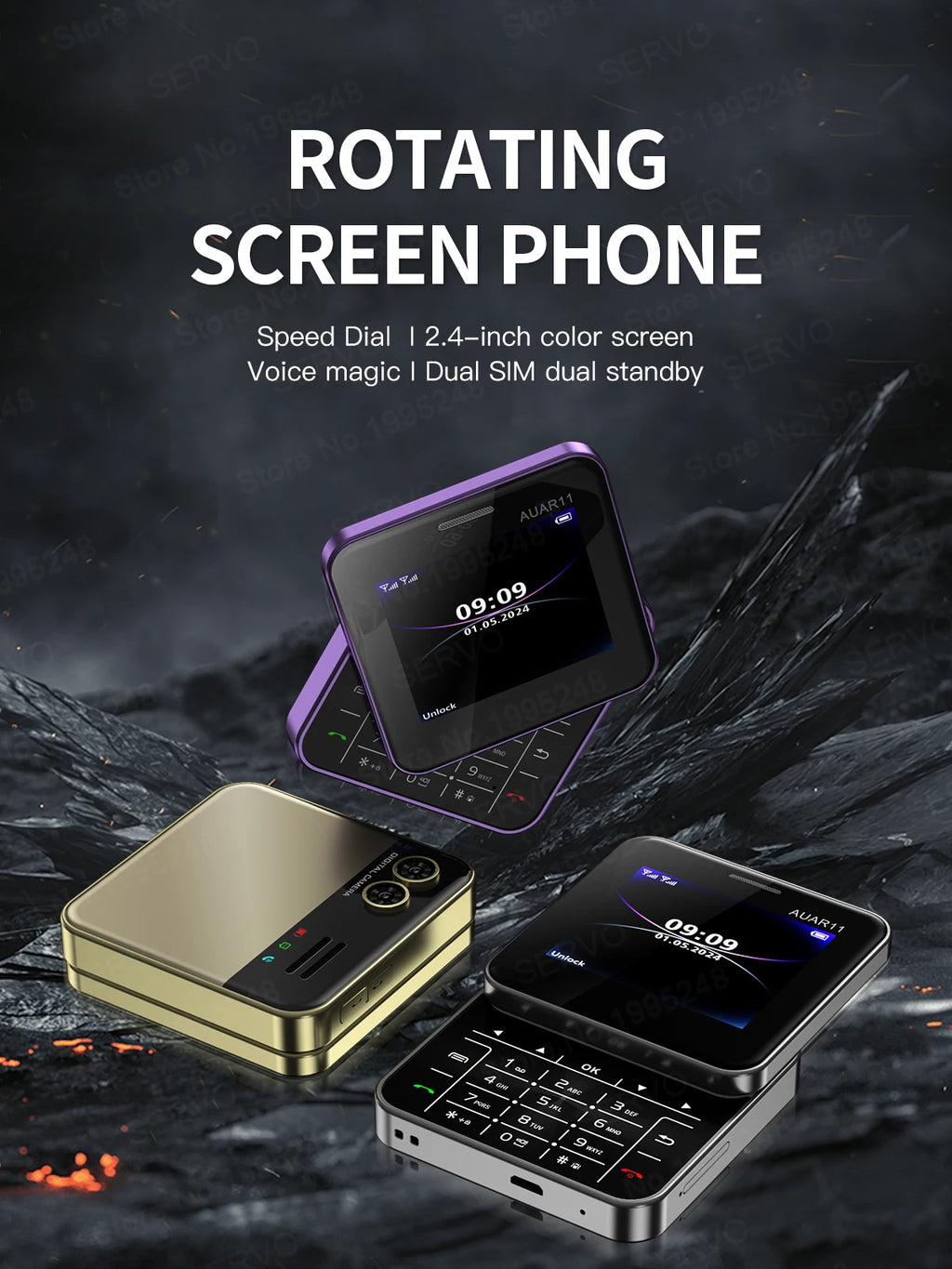 SERVO AUAR11 Rotating Screen Mobile Phone 2G GSM Dual SIM Blacklist Magic Voice FM Radio Speed Dial Torch Mini Sliding Cellphone