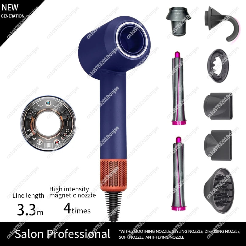 Blue ionic hair dryer with high-intensity magnetic nozzle, 3.3 m cord
