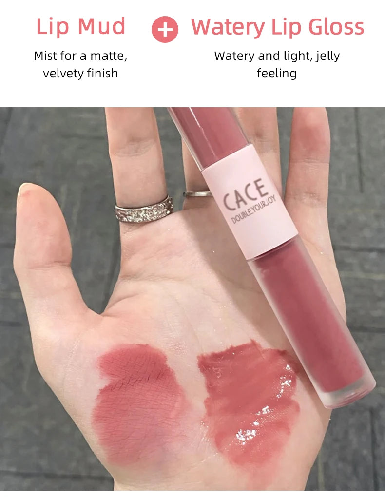 CACE double-head lip glaze swatch showing matte lip mud and shiny watery lip gloss in a dusty rose red shade.