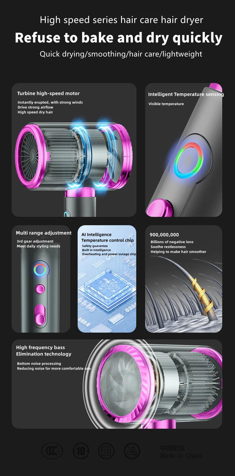 2400W high-speed ionic hair dryer in grey and pink with smart temperature control and quiet turbine motor technology.