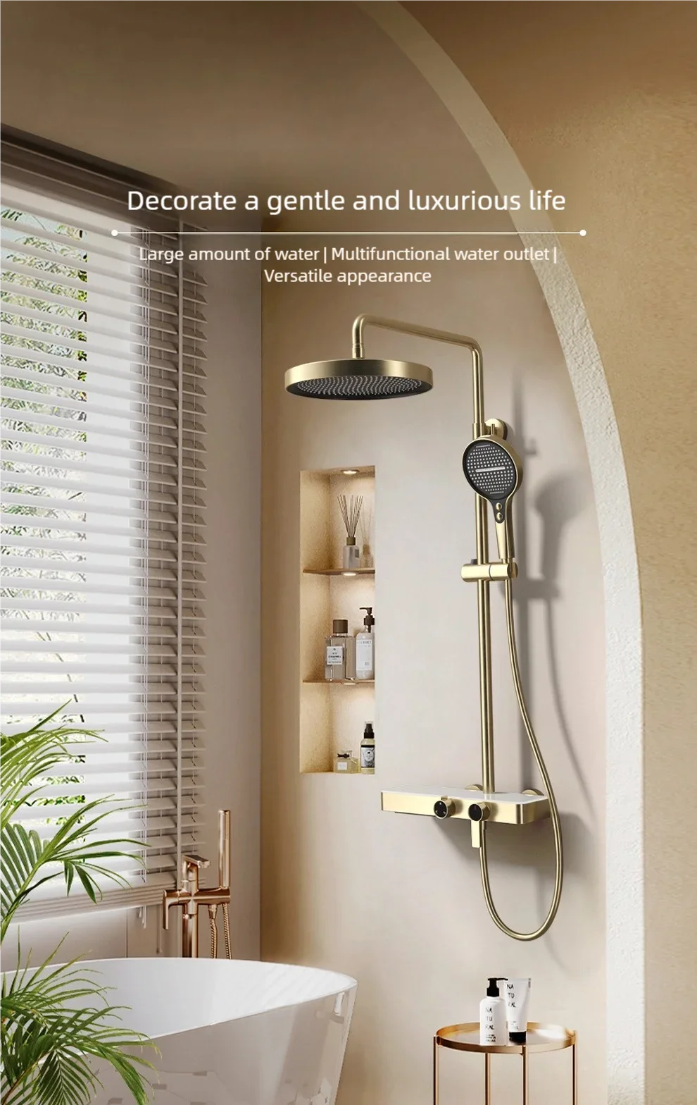 KEMAIDI Brushed Gold Shower System Set Wall Mounted Rain Shower Head with Handheld Shower Spray Brass Bathroom Shower Mixer