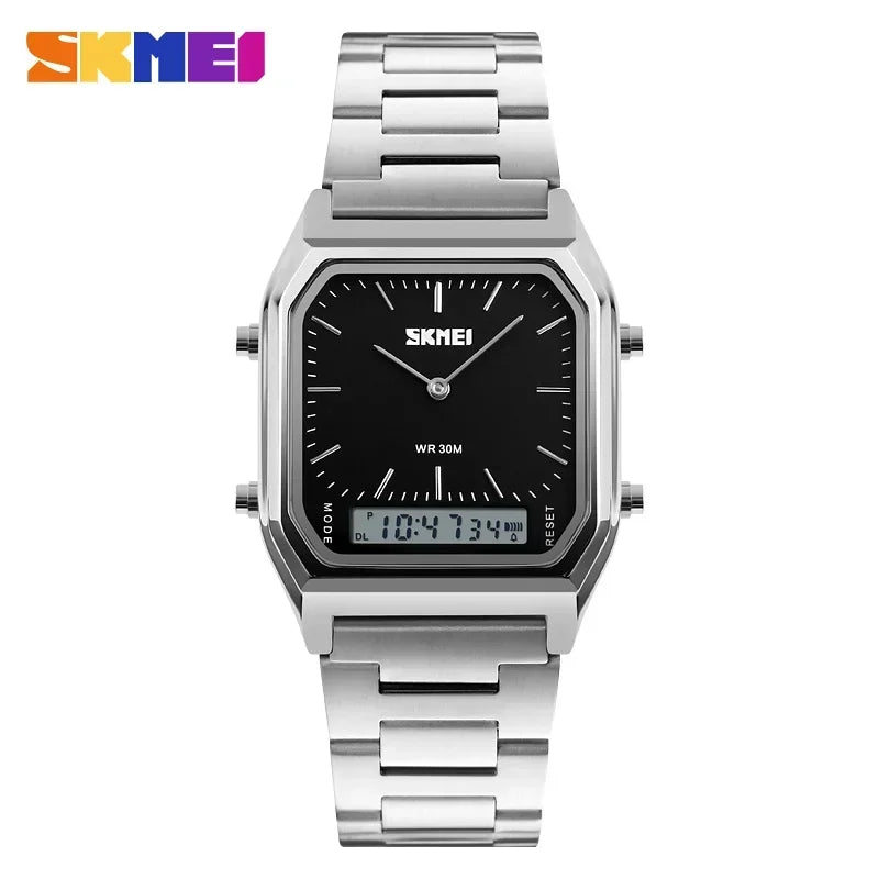 Tidesmit Skmei men's watch with a silver stainless steel link band, square case, black analog dial, and digital display.