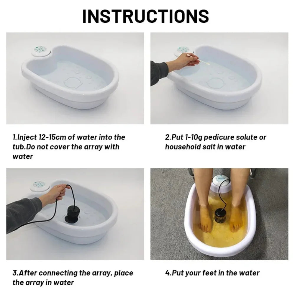 Ionic foot spa detox machine instruction guide showing water, salt, ion array, and foot massage therapy setup.