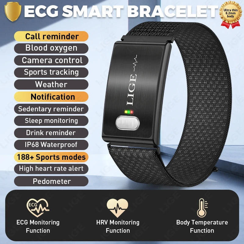 ECG smart fitness bracelet with black textured strap and centered sensor button, no screen
