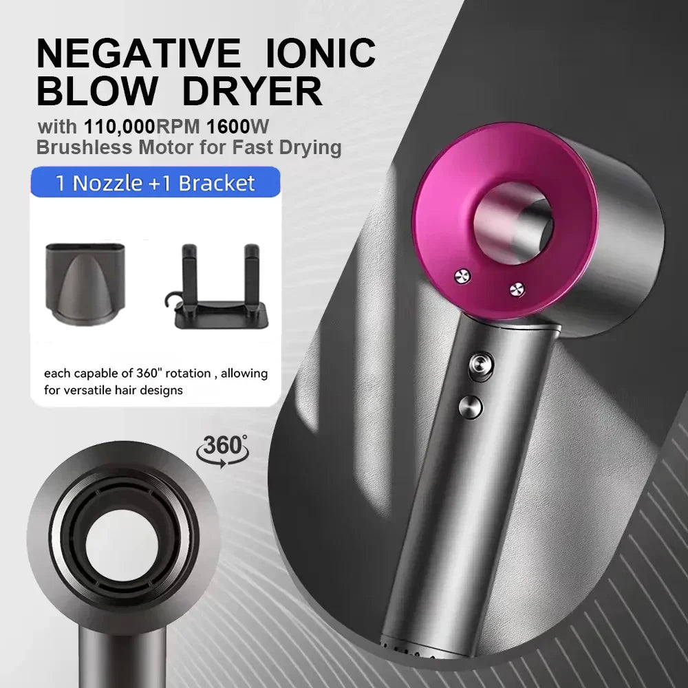 Grey and fuchsia leafless hair dryer with 1600W brushless motor, magnetic nozzle, and wall bracket for fast styling.
