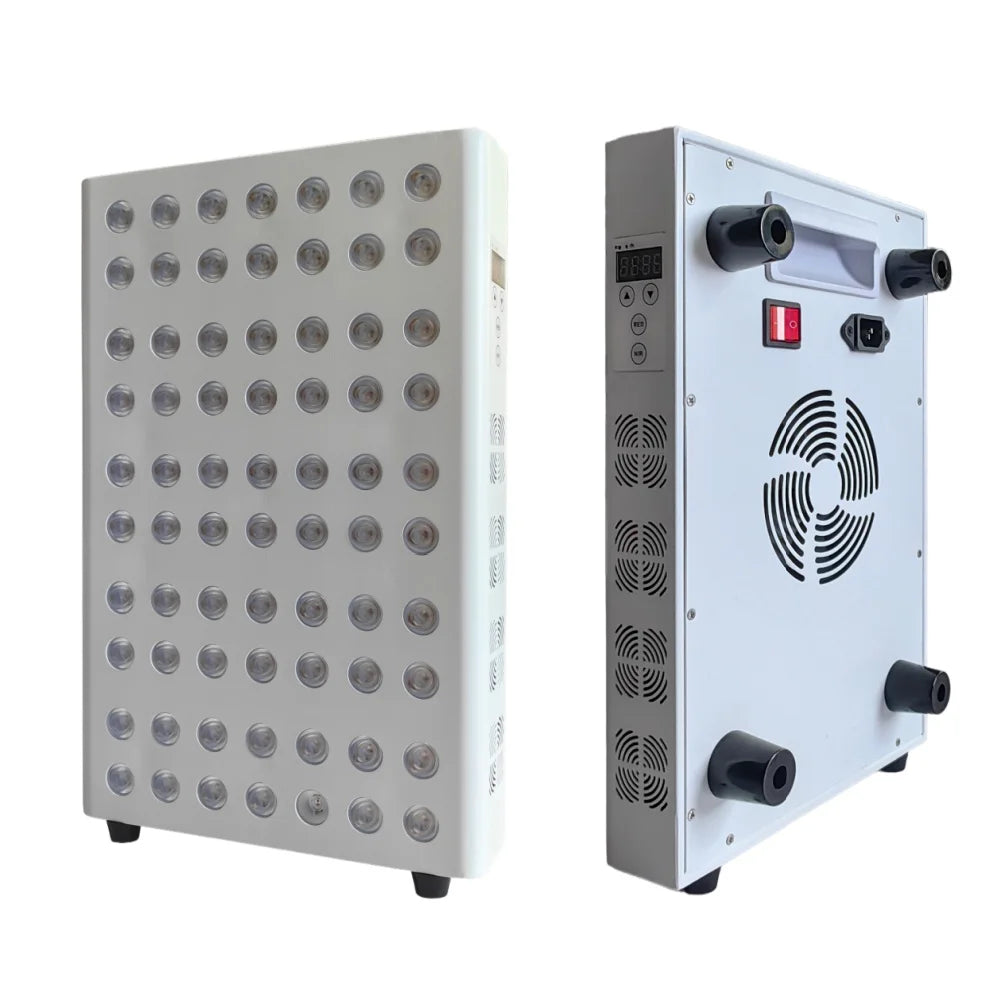 White LED red light therapy panel for anti-aging and pain relief with dual light output and integrated cooling fans.