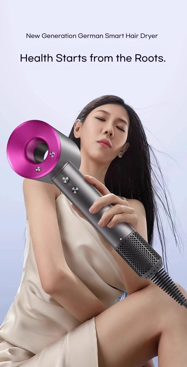 Woman holding a magenta and silver high-speed ionic hair dryer for fast, healthy drying with smart temp control.