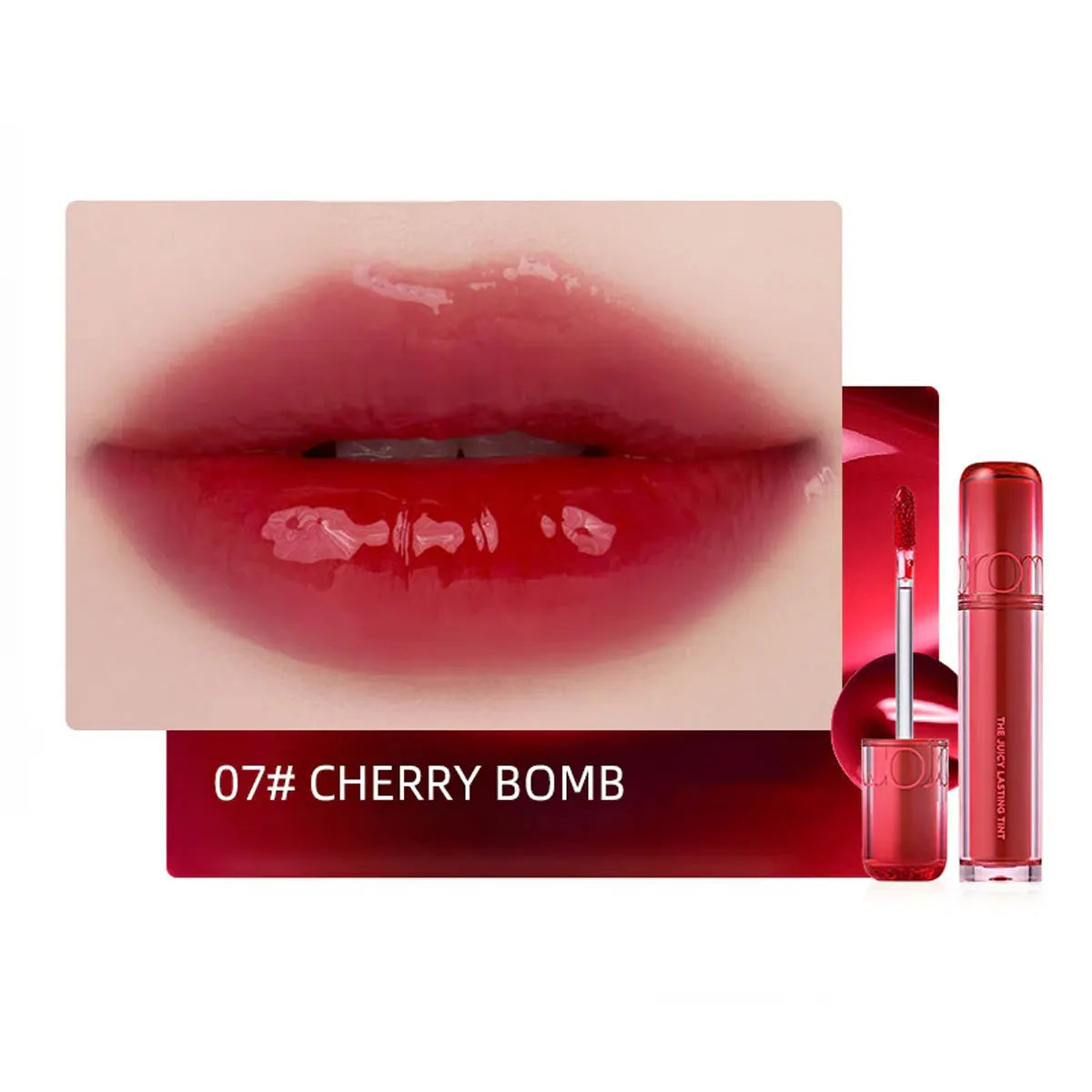 rom&nd Juicy Lasting Tint in 07 Cherry Bomb: glossy, vibrant red Korean lip tint with a hydrating, smooth finish.