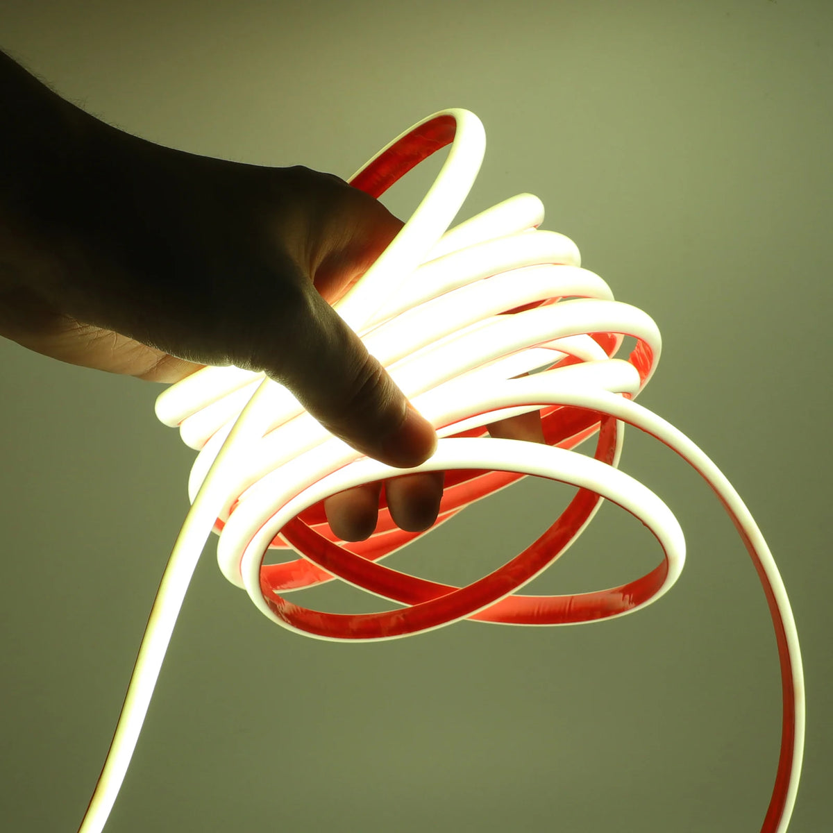 Flexible LED neon tape light with bright white glow, coiled ribbon held by hand