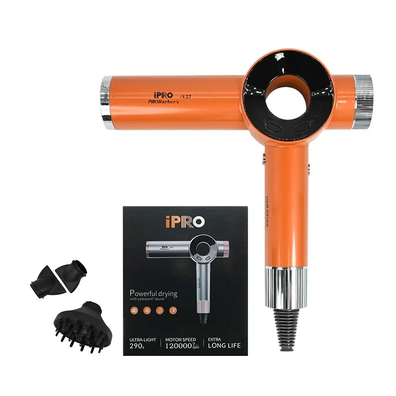 Orange 120,000 RPM high-speed bladeless hair dryer with styling attachments and professional digital display box.