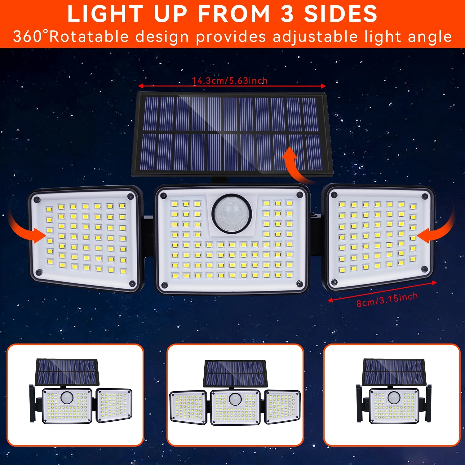 2PCS Solar Lights Outdoor Waterproof, 164LED Motion Sensor Outdoor Lights 3 Heads Security Flood Light 3 Lighting Mode for Patio