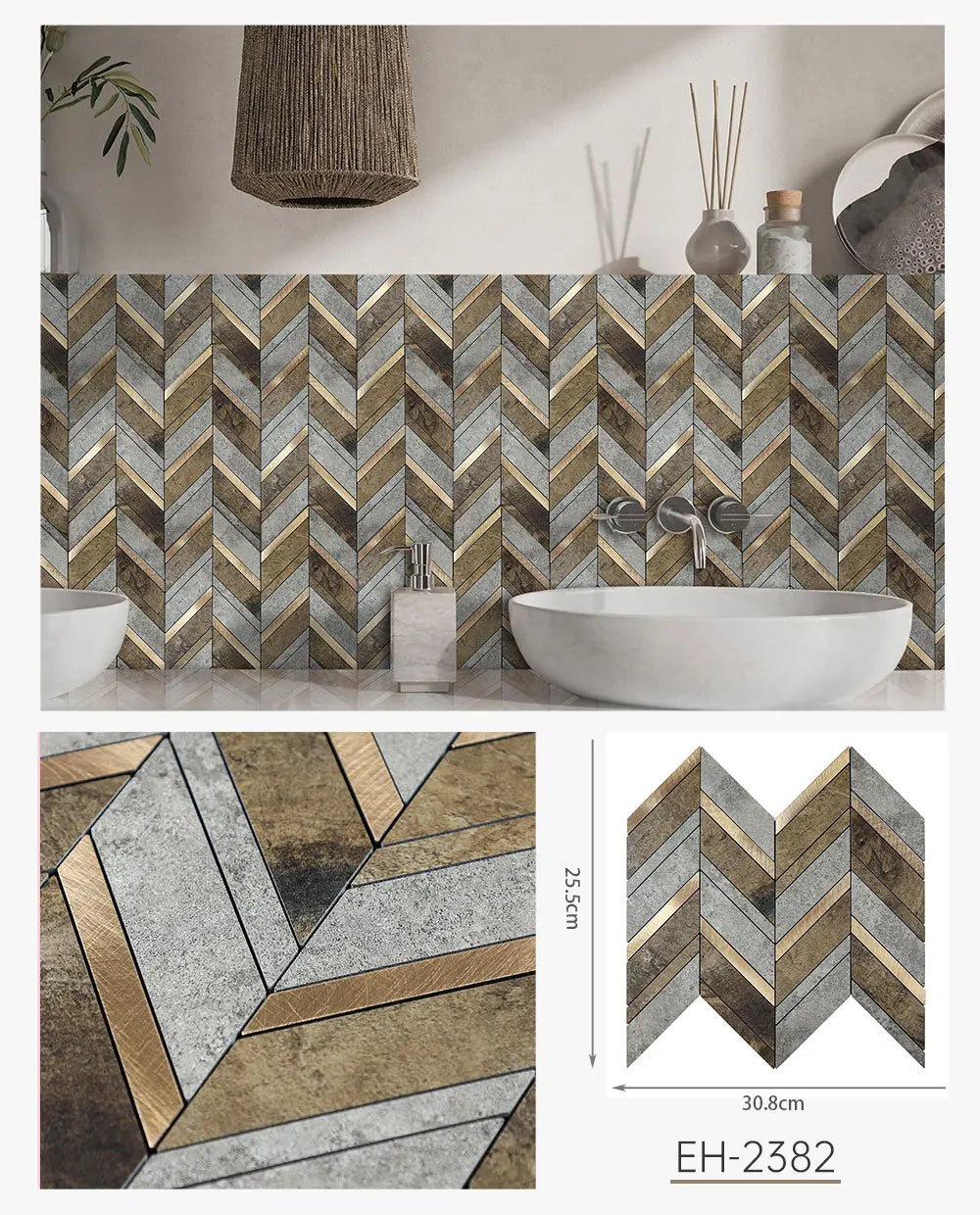 Herringbone faux stone peel-and-stick backsplash tiles, beige and gray chevron herringbone