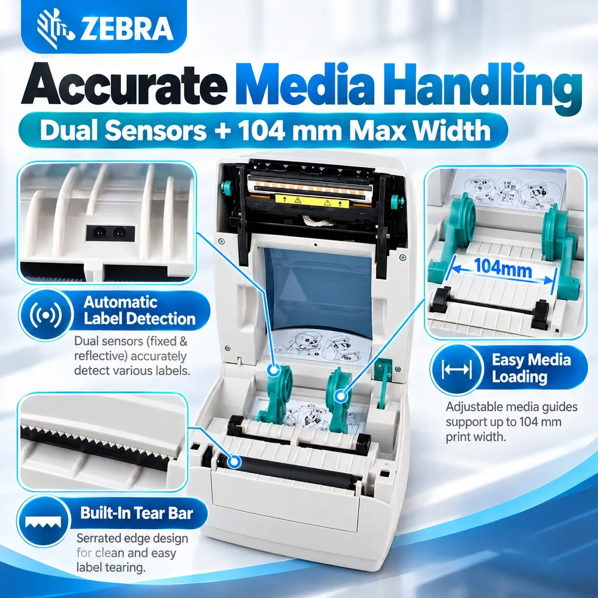 Desktop label printer open for media loading, showing dual sensors and label path