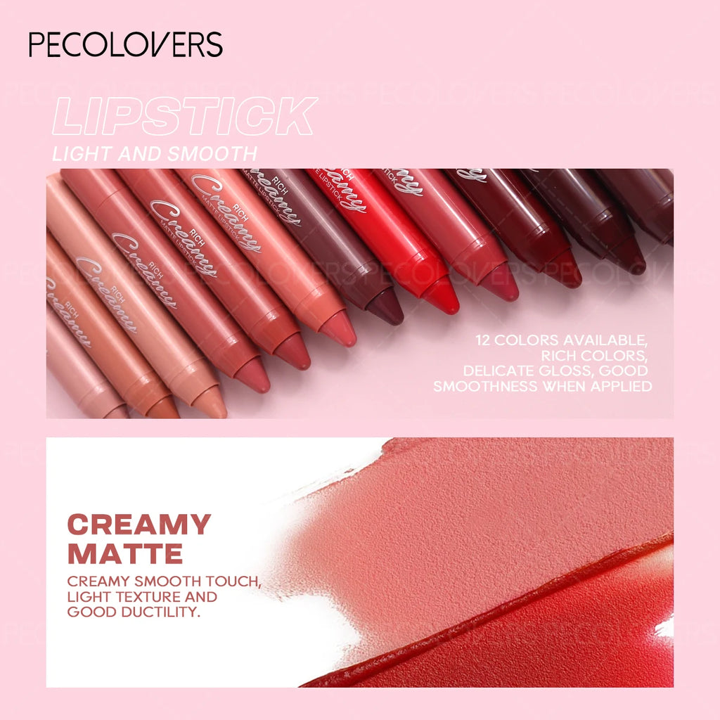 Soft matte lip crayon pencils in a range of rich colors, featuring a creamy, smooth texture for easy application.
