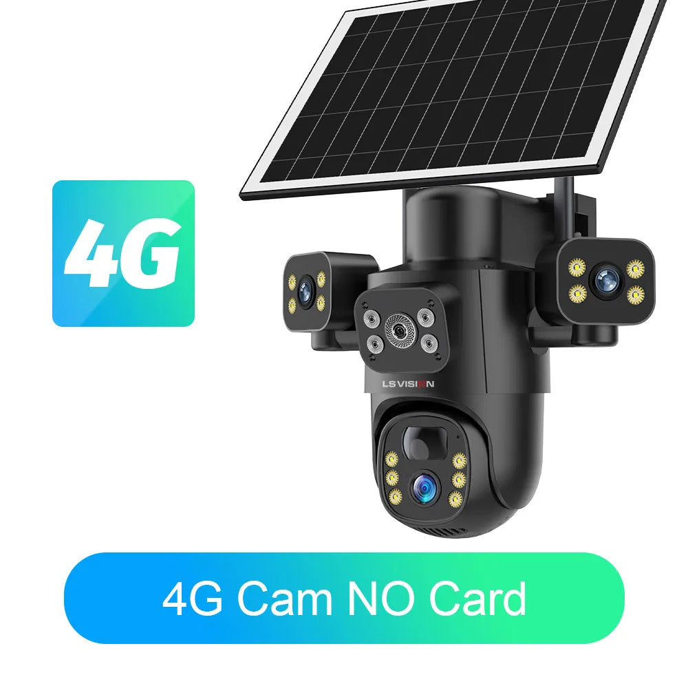 Outdoor solar security camera with black housing, three-lens head, and solar power panel