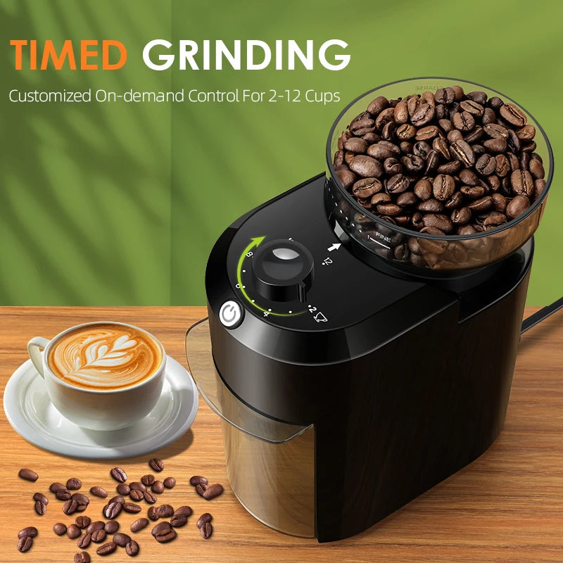 Black electric coffee grinder with clear bean hopper, timed grind control, and 2-12 cup capacity setting.