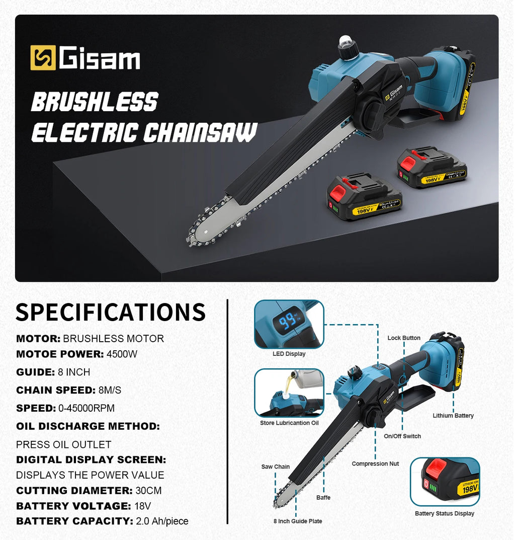 Gisam 8 Inch Brushless Electric Chainsaw Cordless Portable Electric Saw Woodworking Power Tool For makita 18v battery pins