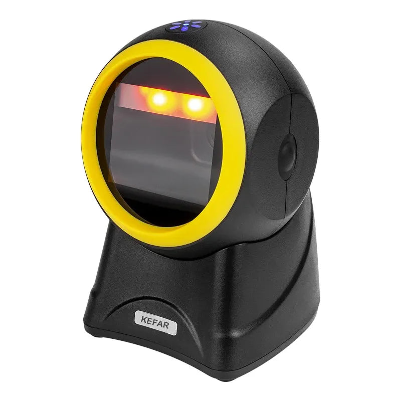 Black and yellow omnidirectional 2D barcode scanner with glowing scan LEDs