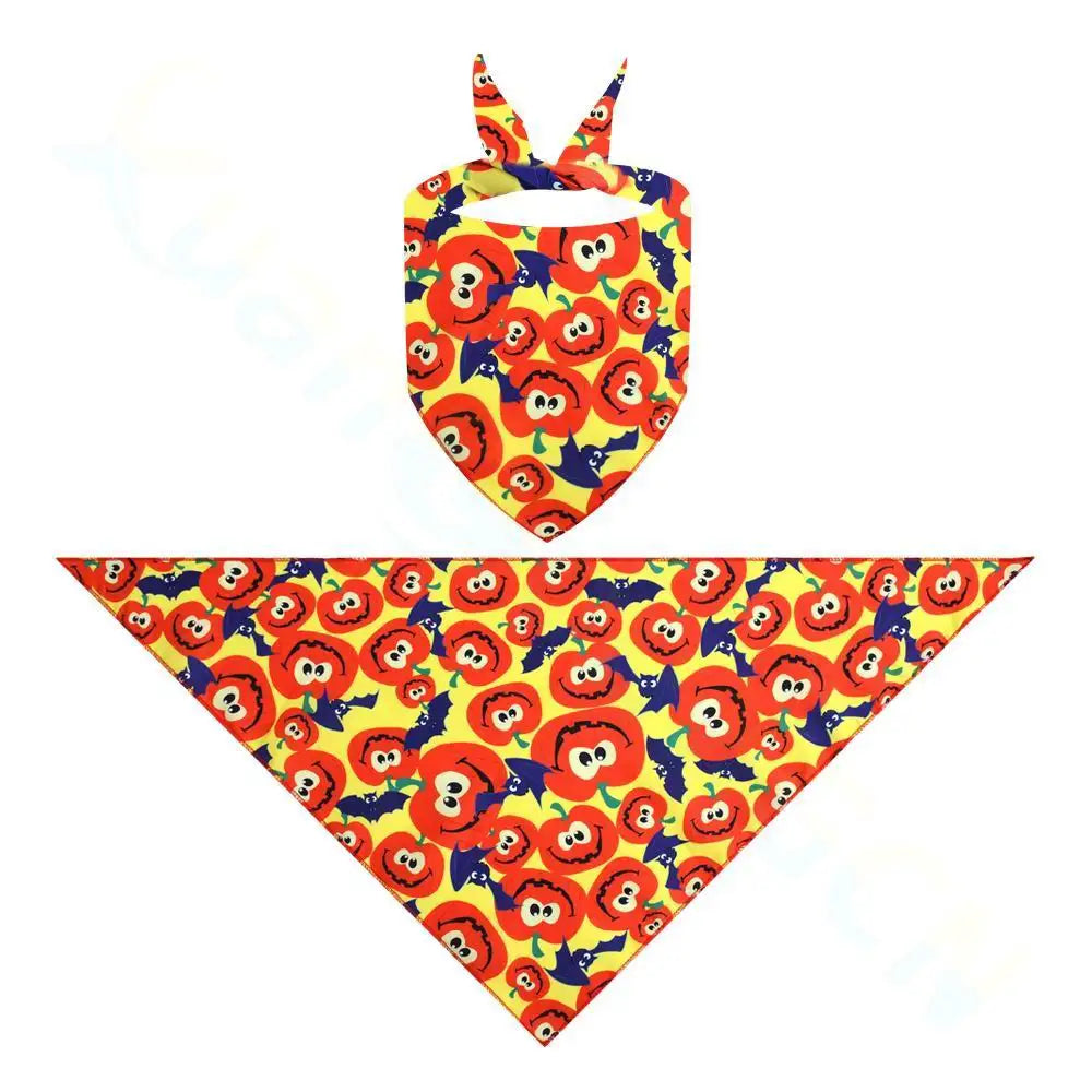 Halloween dog bandana with cute pumpkin and bat print, perfect triangle scarf costume for cat or dog party dressing up.