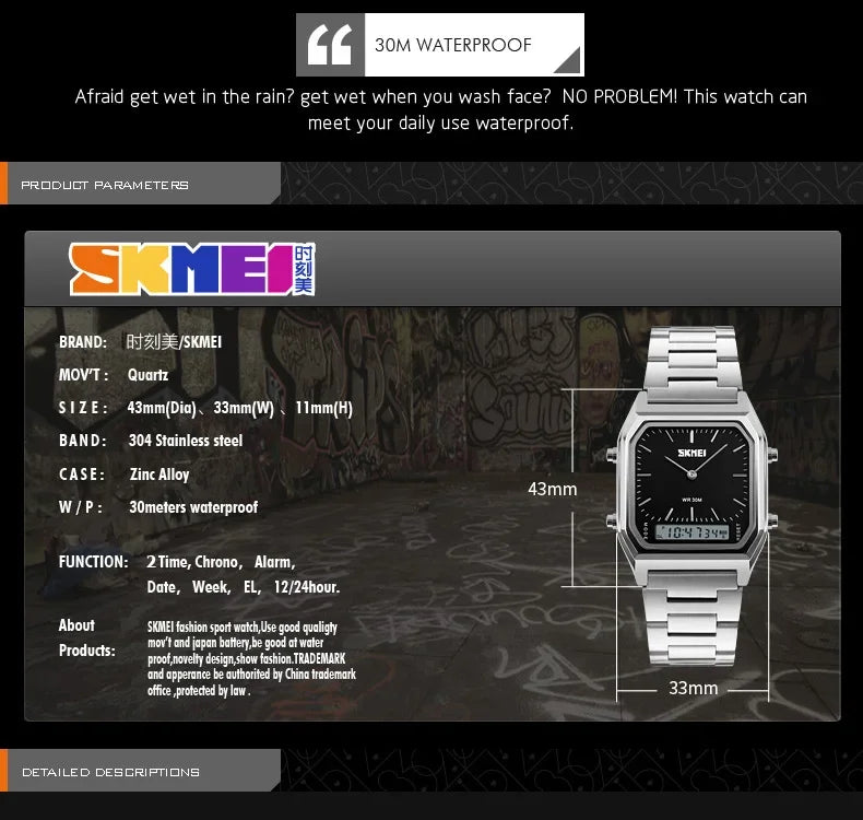 SKMEI 1220 Digital Quartz Watch for Men Sports Chronograph Waterproof Stainless Steel Shockproof Mens Wristwatches Reloj Hombre