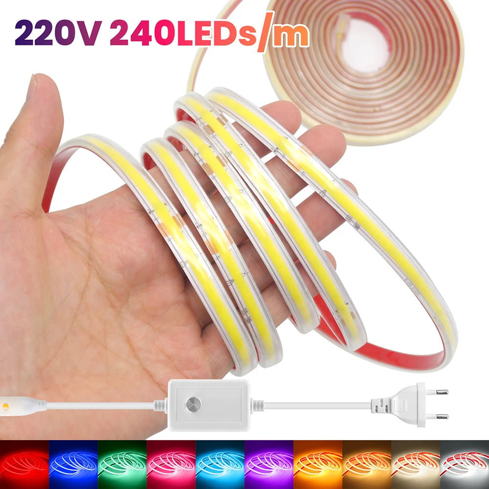 220V 10 Colors Dimmable COB LED Strip Light 240 LEDs Flexible Tape Dimmer EU Power Plug Kit TV Night Lights Home Linear Lighting