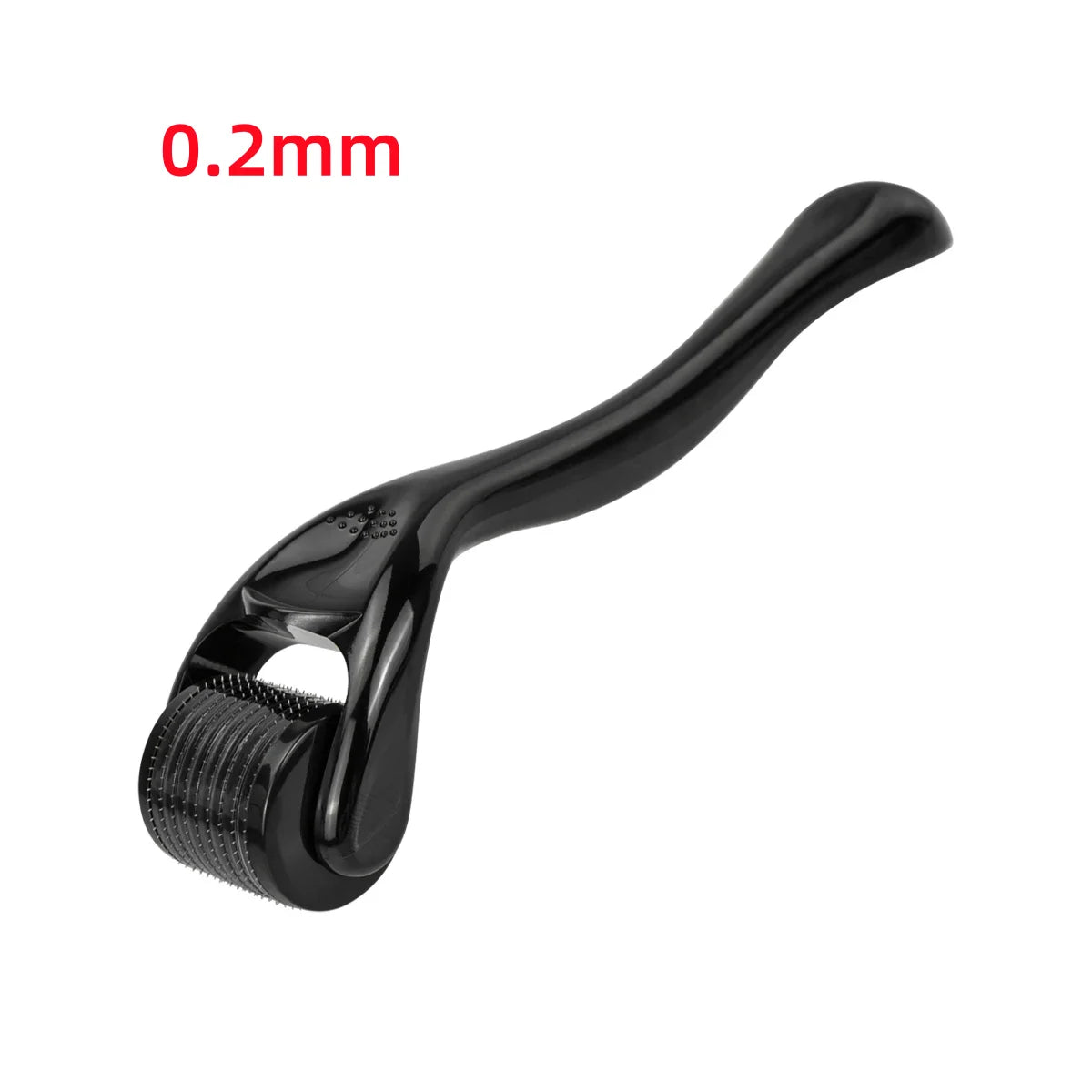 Black 0.2mm derma roller with 540 needles on a plastic handle for skincare and beard growth.