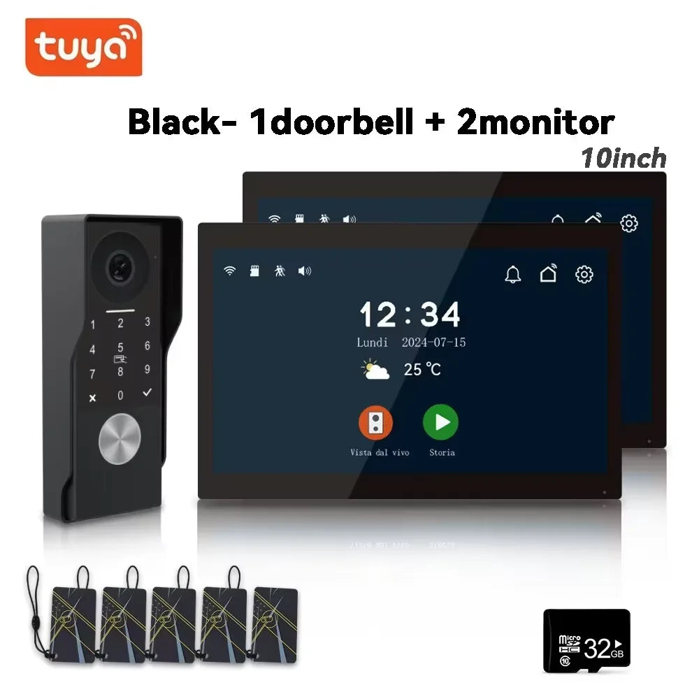 tuya smart video intercom bundle: black 1 doorbell and 2 10-inch monitors