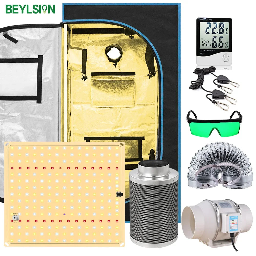 Open grow tent with yellow lining, LED panel, duct fans, controller, green safety glasses