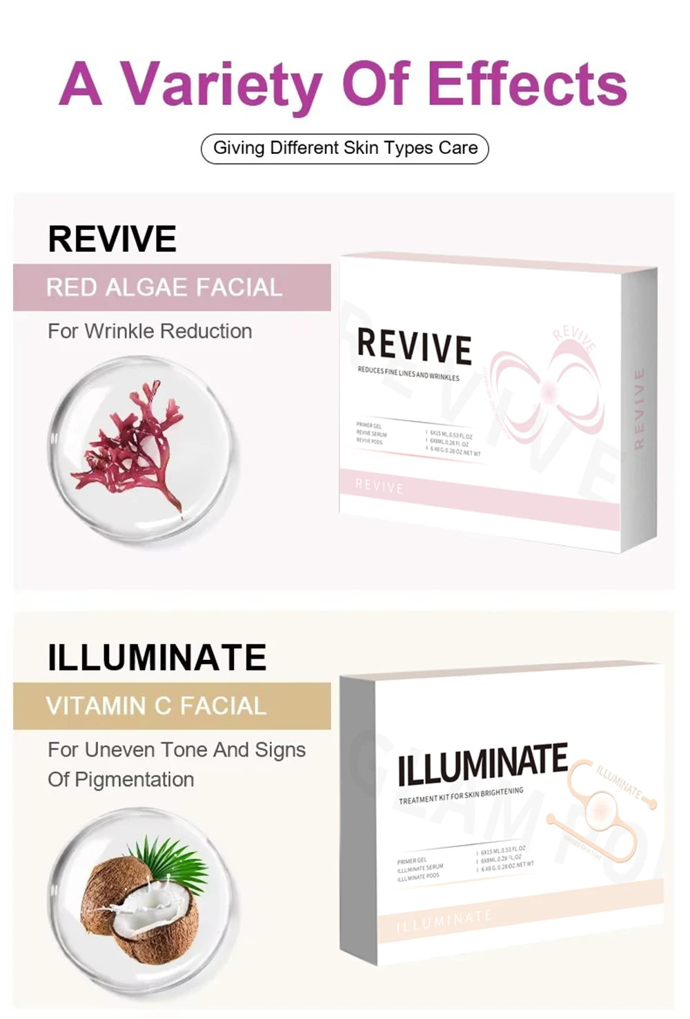 Two Revive and Illuminate facial treatment kits with product boxes, red algae, and coconut illustrations.