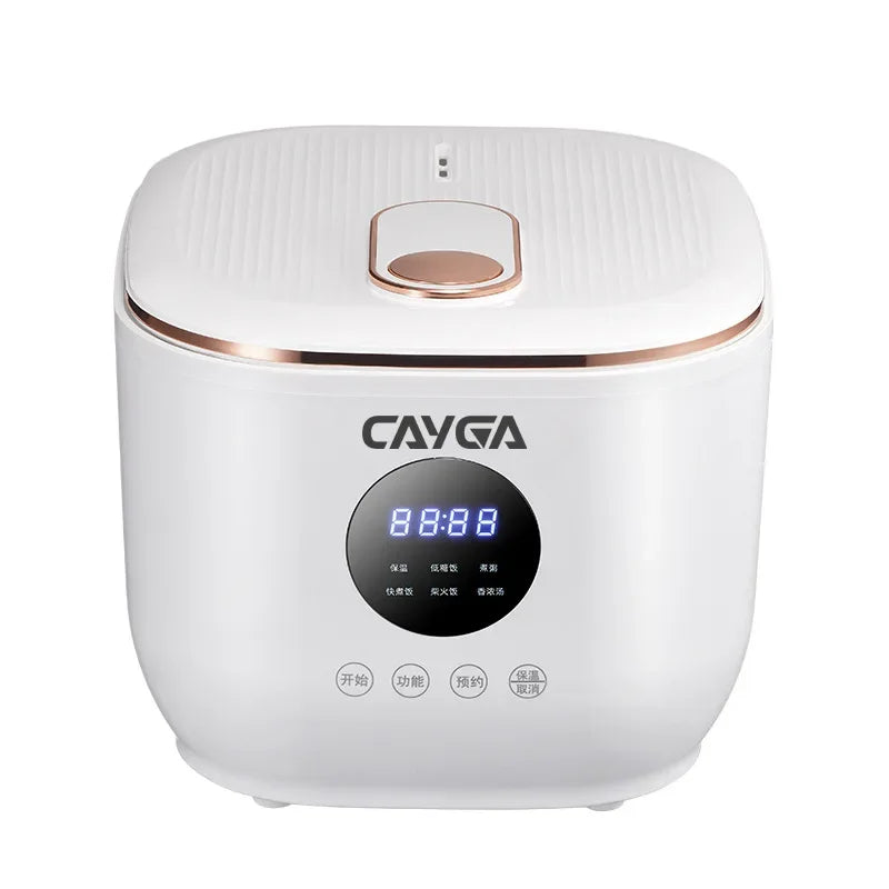White 3L low-sugar electric rice cooker with front display and rose-gold handle