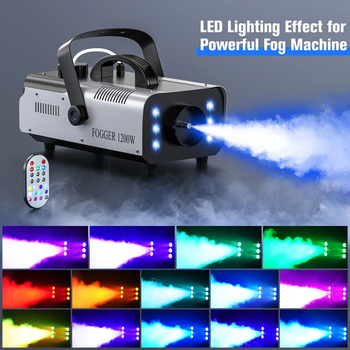 1200W fog machine with LED lights and blue smoke output, compact stage-style design