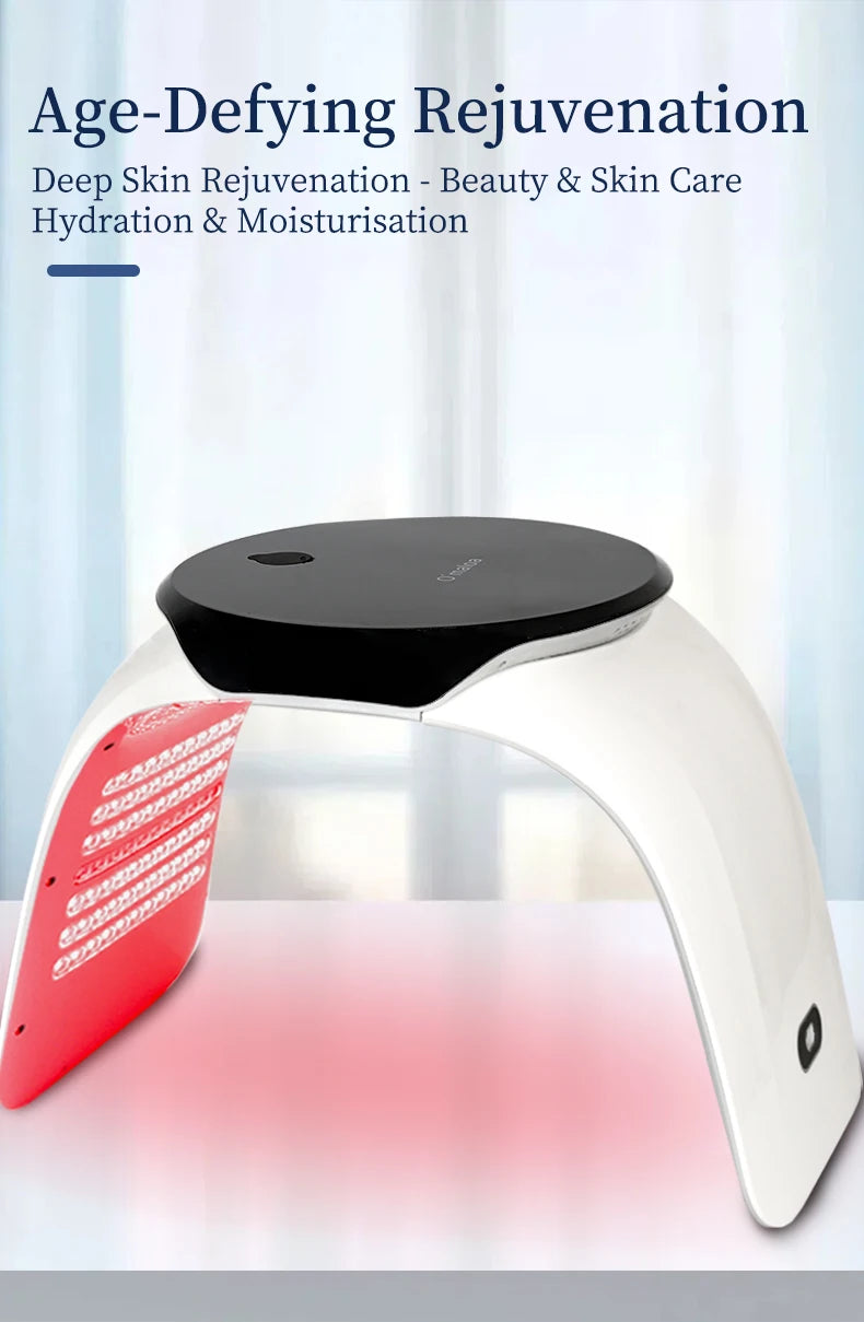 White and black LED light therapy facial arch with red light panels for skin rejuvenation and face treatments.