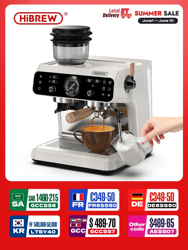 HiBREW white espresso coffee machine with integrated grinder, pressure gauge, and wood-accented portafilter.
