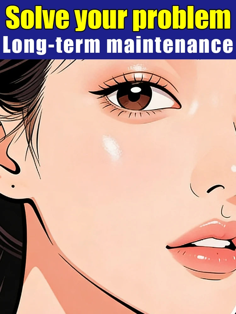 Illustrated close-up of a person's face with smooth, glowing skin and defined brown eyes, featuring bold text overlays.