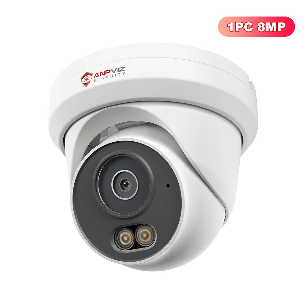 White turret IP security camera with lens and dual IR LEDs, 8MP