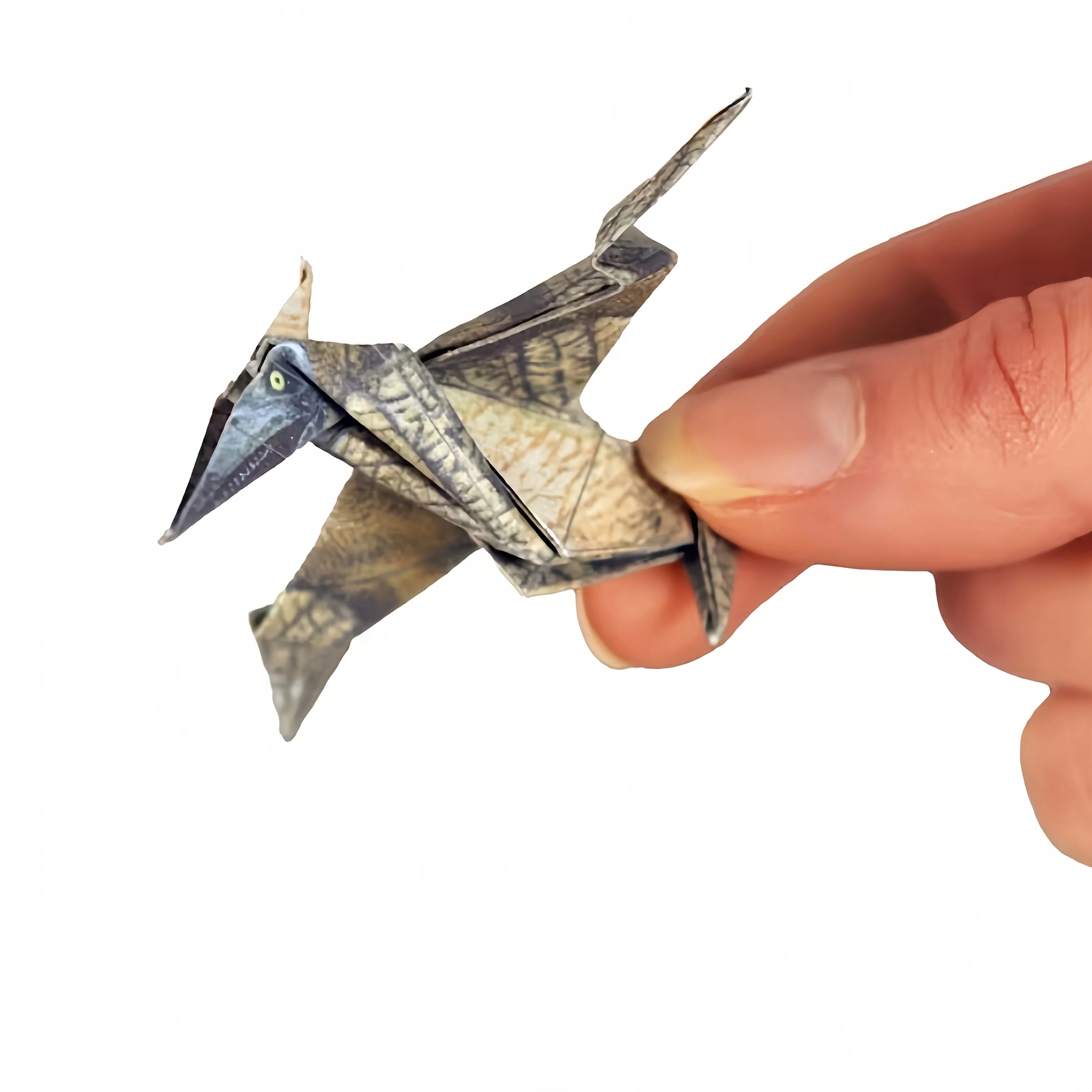 Hand-folded paper origami pterodactyl craft for home decor, perfect gift for animal lovers.