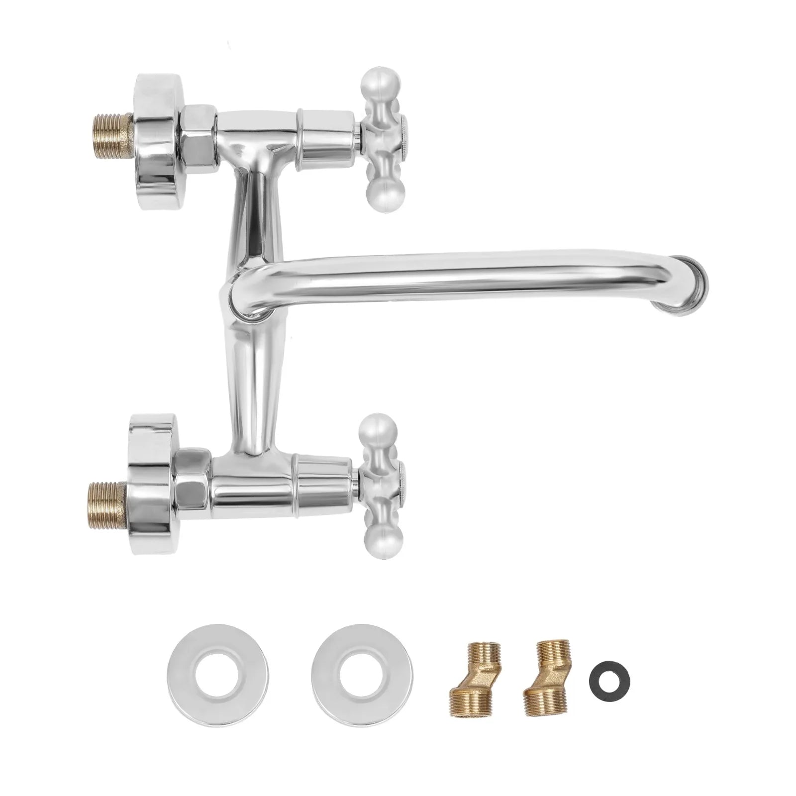 Dual Handle Brass Wall Mount Kitchen Faucet, Rotatable Spout Hot Cold Water Mixer Tap for Kitchen Sink