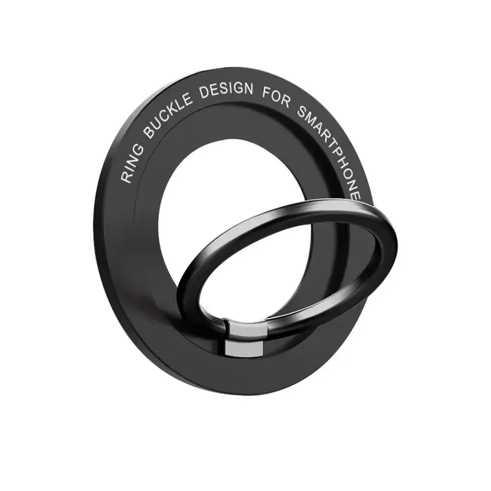 Black round magnetic Tidesmit phone finger ring holder with a rotating metal buckle design on a white background.
