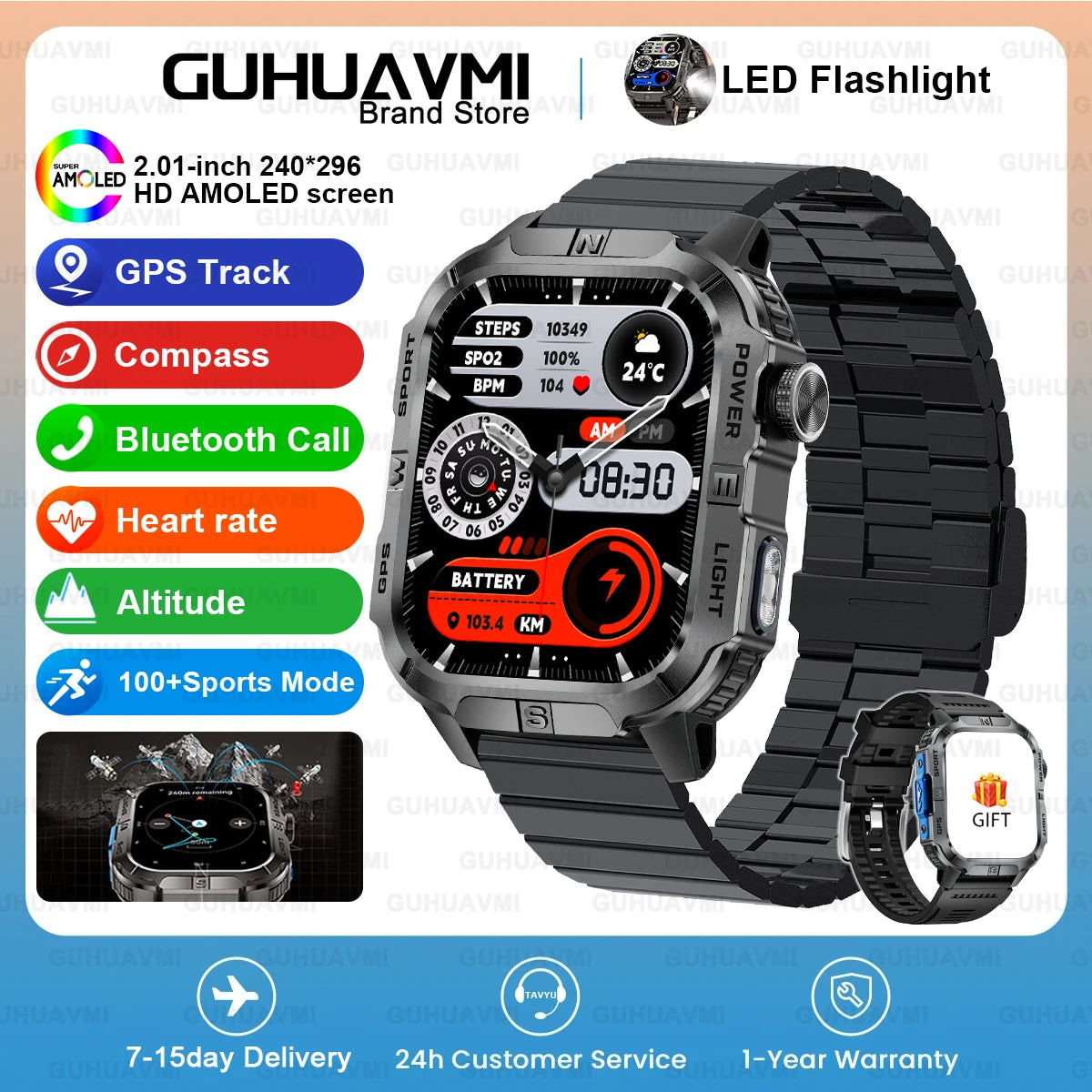 2026New Outdoor Military Men's Smartwatch, Equipped With GPS LED Lighting, Compass, Wireless Communication IP68 Waterproof Watch