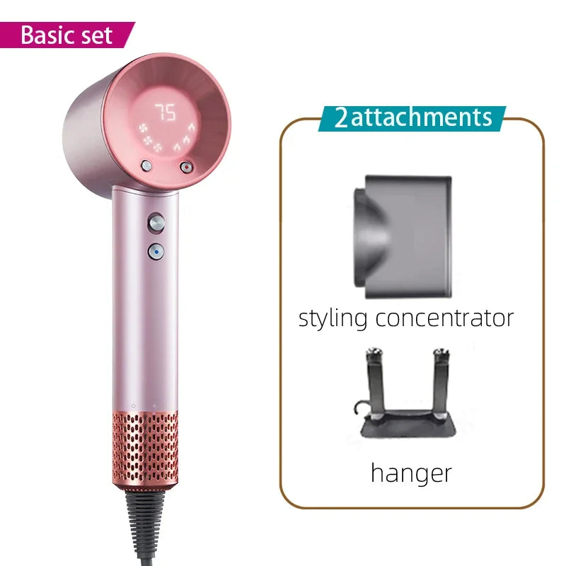 Pink high-speed professional hair dryer with LED temp display, styling concentrator, and hanger attachment.