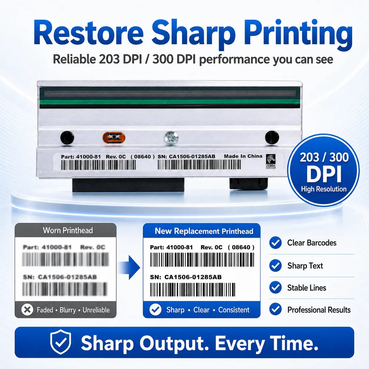 Thermal printhead replacement close-up with barcode label and 203/300 dpi indicator