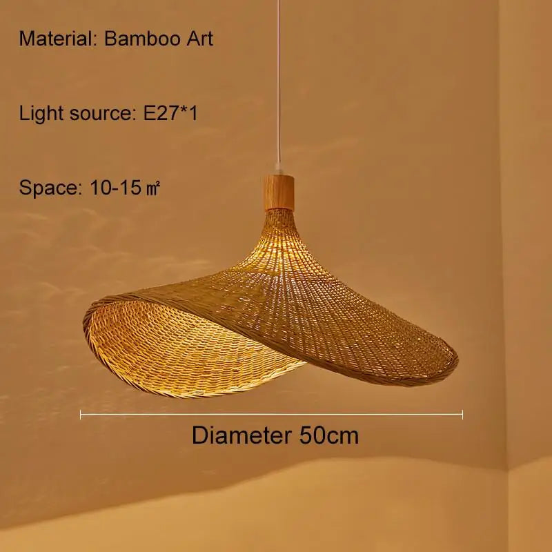 Woven bamboo pendant light with a wide, asymmetrical 50cm shade for ambient lighting in small rooms.