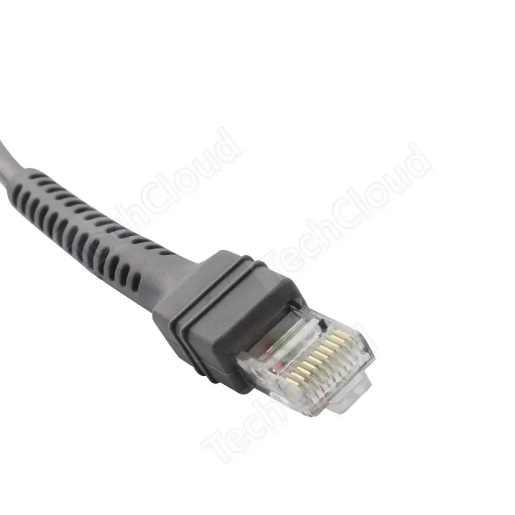 Close-up of grey RJ45 connector on barcode scanner USB cable