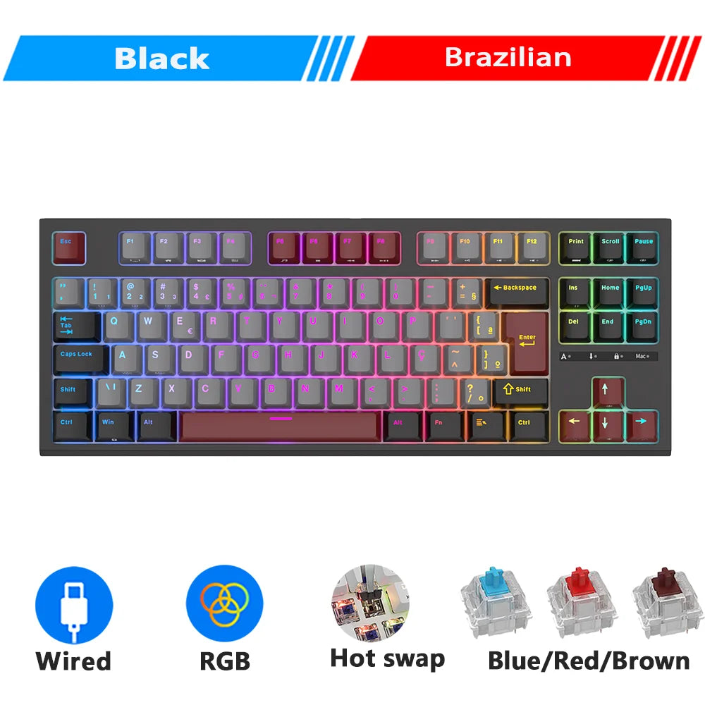 RK ROYAL KLUDGE R87 Wired Brazilian Gamer Keyboard 87 Key RGB Backlit Hot-swappable Mechanical Keyboard Customised Keycaps