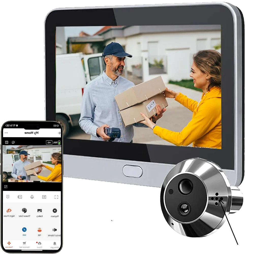 Two-way audio video door eye viewer with camera lens and wall display, silver finish